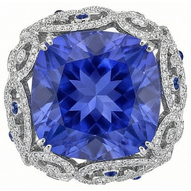 Coussin Sri Lanka Saphir Diamants Naturels Extraits des Mines ( et non cultivés en laboratoire ) Or Blanc 14K Bague 8.51 Ct