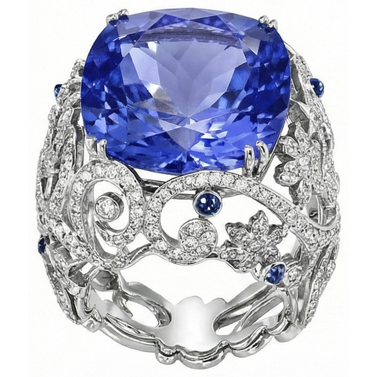 Coussin Sri Lanka Saphir Diamants Naturels Extraits des Mines ( et non cultivés en laboratoire ) Or Blanc 14K Bague 8.51 Ct