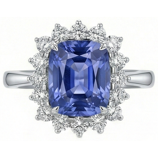 Coussin Tanzanite 4.30 Carat Diamants Naturels Extraits des Mines ( et non cultivés en laboratoire ) Halo Bague Or Blanc 14K