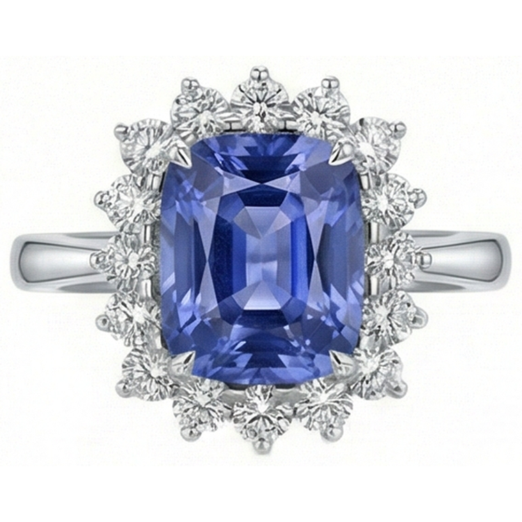 Coussin Tanzanite 4.30 Carat Diamants Naturels Extraits des Mines ( et non cultivés en laboratoire ) Halo Bague Or Blanc 14K