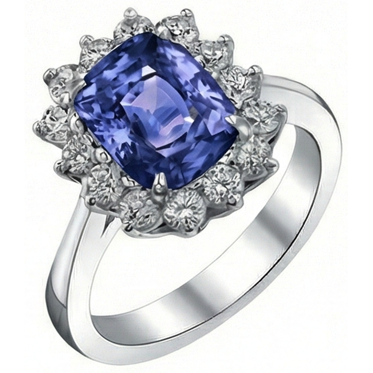 Coussin Tanzanite 4.30 Carat Diamants Naturels Extraits des Mines ( et non cultivés en laboratoire ) Halo Bague Or Blanc 14K