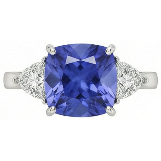 Coussin Tanzanite AAA Diamants Naturels Extraits des Mines ( et non cultivés en laboratoire ) 3 Carats Bague 3 Pierres Or Blanc 14K