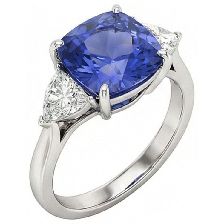 Coussin Tanzanite AAA Diamants Naturels Extraits des Mines ( et non cultivés en laboratoire ) 3 Carats Bague 3 Pierres Or Blanc 14K