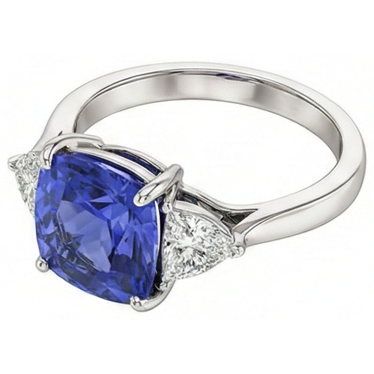Coussin Tanzanite AAA Diamants Naturels Extraits des Mines ( et non cultivés en laboratoire ) 3 Carats Bague 3 Pierres Or Blanc 14K