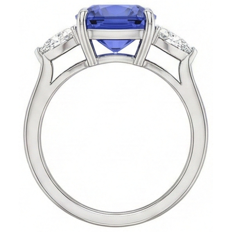 Coussin Tanzanite AAA Diamants Naturels Extraits des Mines ( et non cultivés en laboratoire ) 3 Carats Bague 3 Pierres Or Blanc 14K
