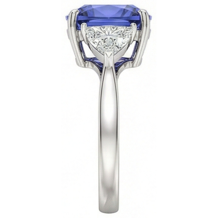 Coussin Tanzanite AAA Diamants Naturels Extraits des Mines ( et non cultivés en laboratoire ) 3 Carats Bague 3 Pierres Or Blanc 14K