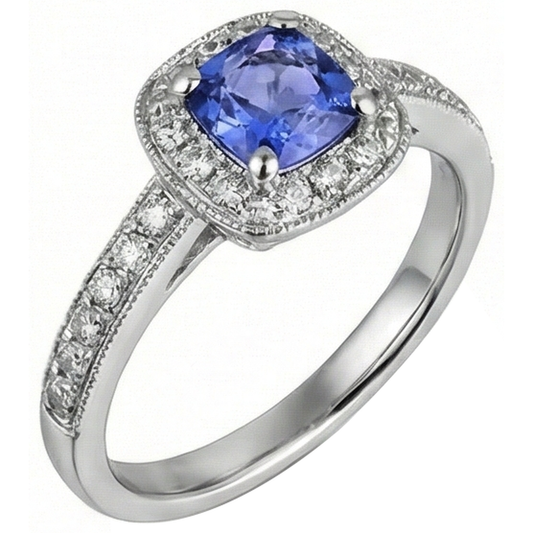 Coussin Tanzanite Diamants Naturels Extraits des Mines ( et non cultivés en laboratoire ) Bague Halo 2 Carats Or Blanc 14K