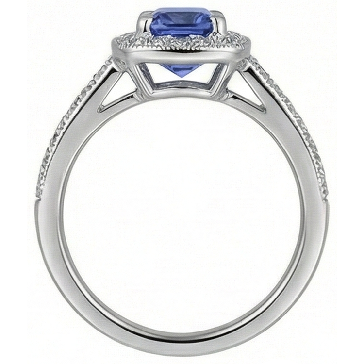 Coussin Tanzanite Diamants Naturels Extraits des Mines ( et non cultivés en laboratoire ) Bague Halo 2 Carats Or Blanc 14K