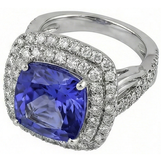 Coussin Tanzanite Solitaire Diamants Naturels Extraits des Mines ( et non cultivés en laboratoire ) Avec Accents Bague Fantaisie 7 Carats