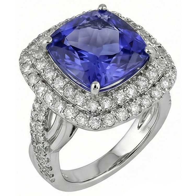 Coussin Tanzanite Solitaire Diamants Naturels Extraits des Mines ( et non cultivés en laboratoire ) Avec Accents Bague Fantaisie 7 Carats