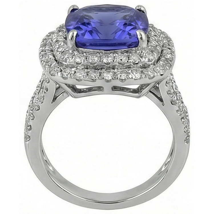 Coussin Tanzanite Solitaire Diamants Naturels Extraits des Mines ( et non cultivés en laboratoire ) Avec Accents Bague Fantaisie 7 Carats