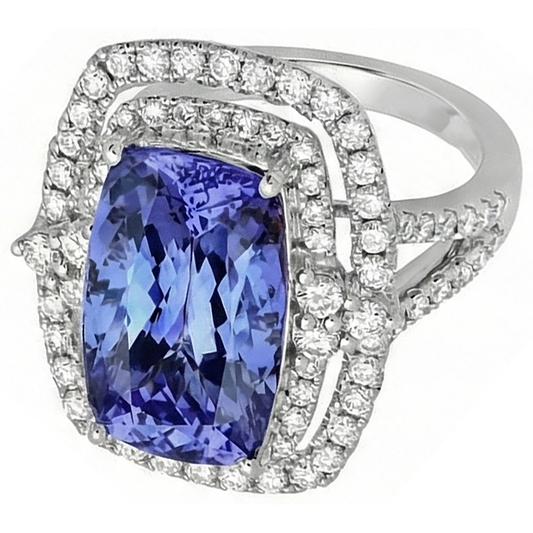 Coussin Tanzanite & Diamant Naturels Extraits des Mines ( et non cultivés en laboratoire ) 7 Carats Halo Bague Fantaisie Or Blanc 14K