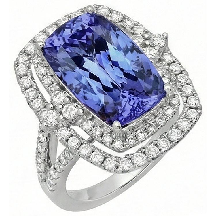 Coussin Tanzanite & Diamant Naturels Extraits des Mines ( et non cultivés en laboratoire ) 7 Carats Halo Bague Fantaisie Or Blanc 14K