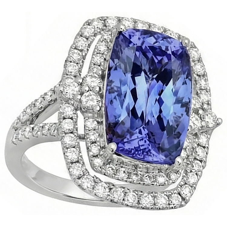 Coussin Tanzanite & Diamant Naturels Extraits des Mines ( et non cultivés en laboratoire ) 7 Carats Halo Bague Fantaisie Or Blanc 14K