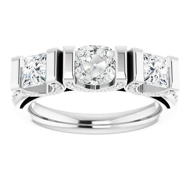 Coussin Vieux Mineur Véritable Diamond Ring 3 Stone Style Bar Set Or 9 Carats 14K