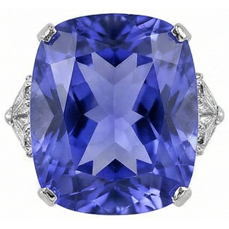 Coussin WG 14K AAA Tanzanite et mille milliards de diamants 6.31 ct. Bague 3 pierres