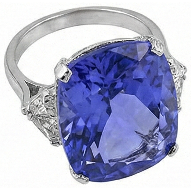 Coussin WG 14K AAA Tanzanite et mille milliards de diamants 6.31 ct. Bague 3 pierres