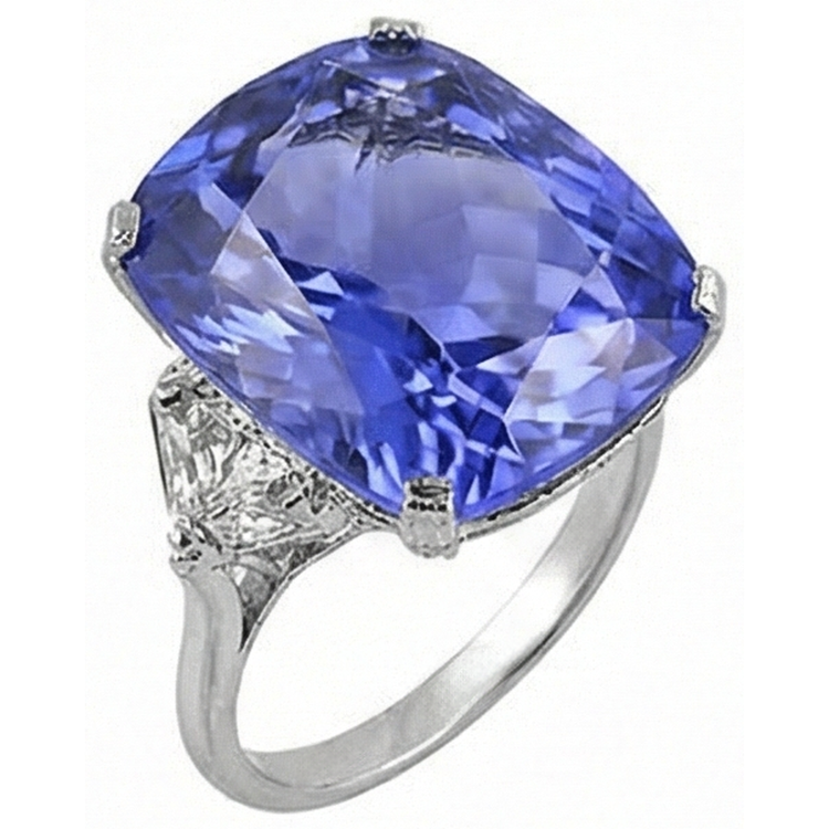 Coussin WG 14K AAA Tanzanite et mille milliards de diamants 6.31 ct. Bague 3 pierres