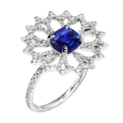 Coussin de style fleur et bague en saphir bleu avec diamants ronds 2.51 ct.