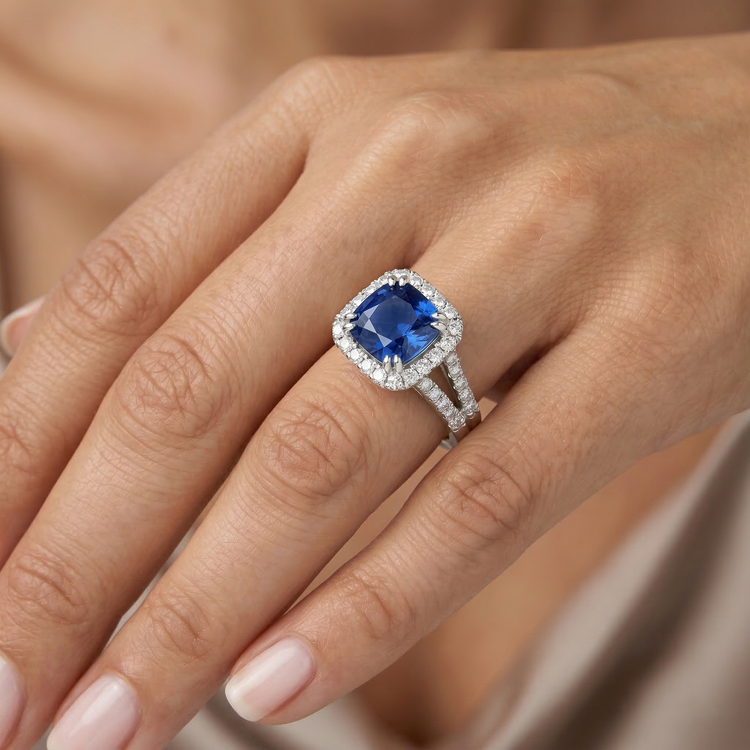 Coussin Ceylan Saphir Diamant Naturels Extraits des Mines ( et non cultivés en laboratoire ) Bague Accents 3 Carats WG 14K