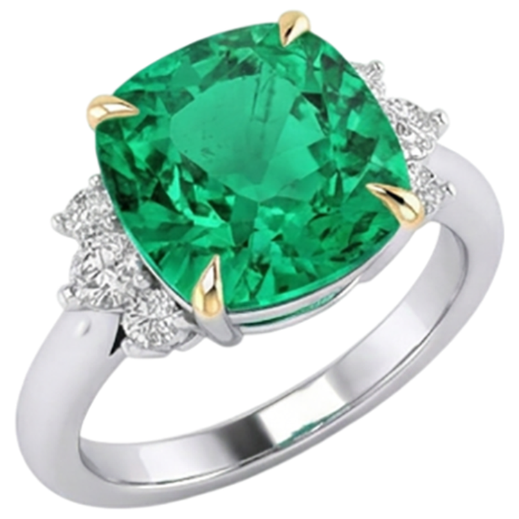 Émeraude Coussin Bague Pierre Précieuse en Or Bicolore 14 Carats – vue de côté