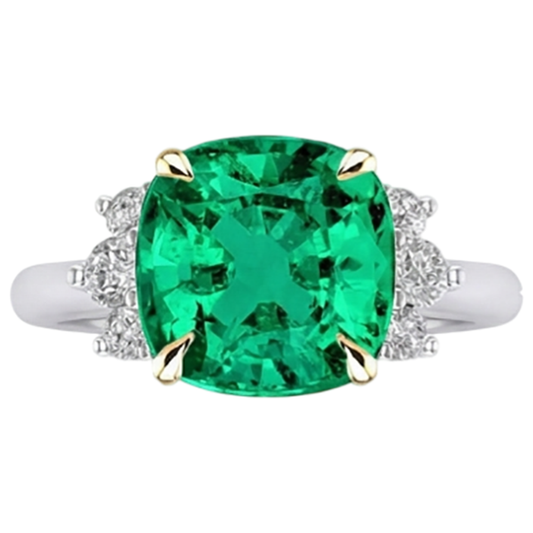 Émeraude Coussin Bague Pierre Précieuse en Or Bicolore 14 Carats – vue de face