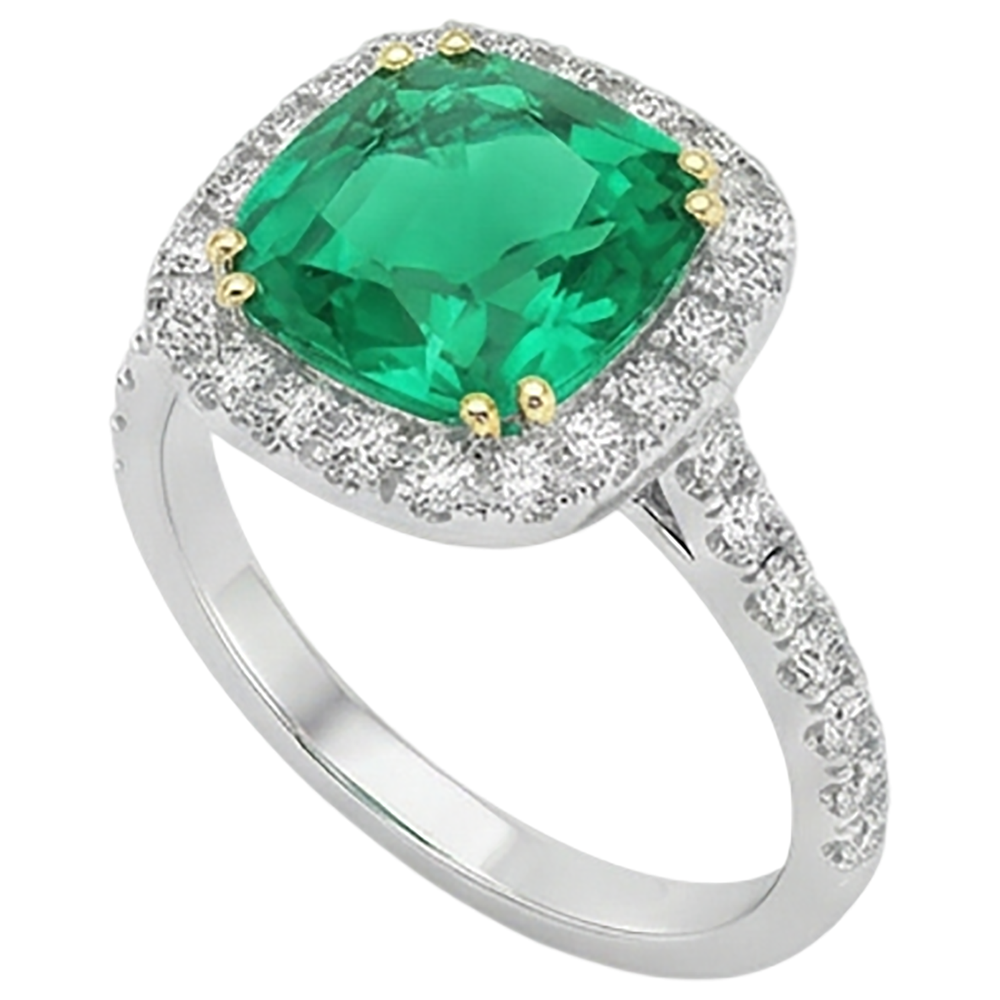 Émeraude Fine Coussin Bague Pierre de Couleur en Or Deux Tons 14 Carats – vue de profil