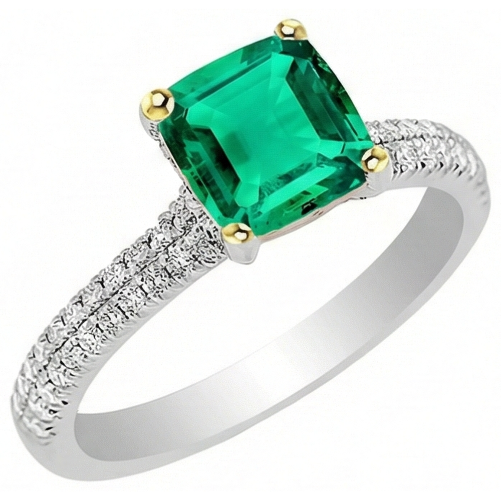 Taille Coussin Émeraude bague en Or Bicolore 14 Carats – vue de côté