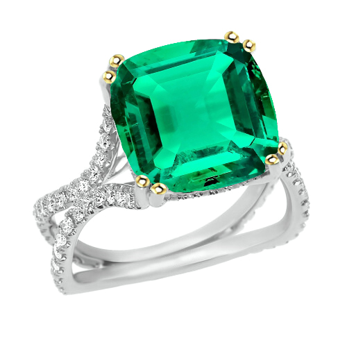 Émeraude Taille Coussin Bague Pierre Précieuse en Or Deux Tons 14 Carats – vue principale