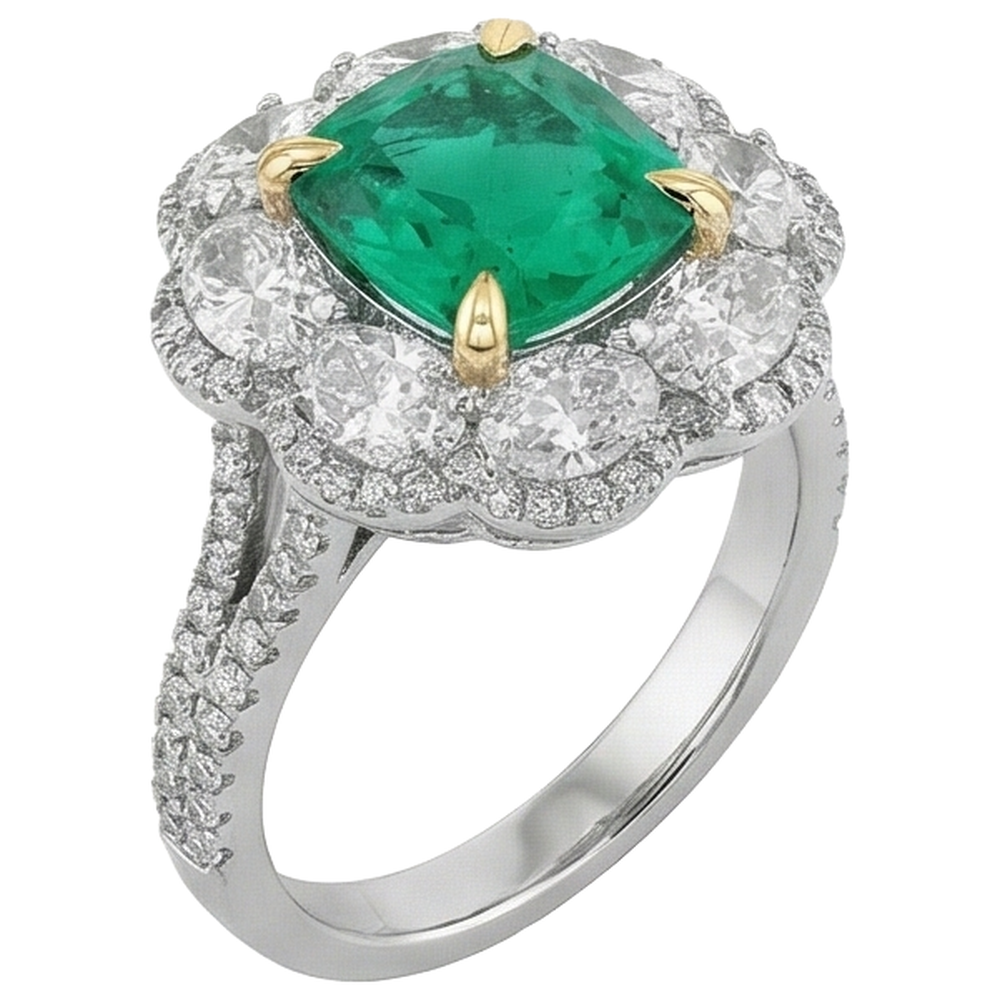 Émeraude Colombienne Taille Coussin Bague avec Gemme en Or Deux Tons 14 Carats – vue de côté