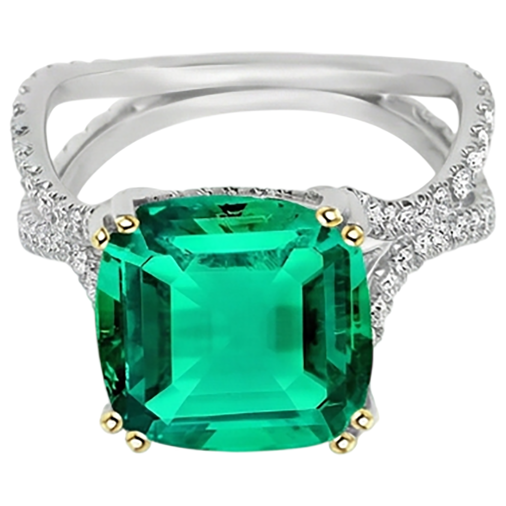 Émeraude Taille Coussin Bague Pierre Précieuse en Or Deux Tons 14 Carats – vue de face