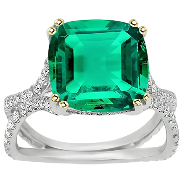 Taille Coussin Émeraude bague en Or Deux Tons 14 Carats – vue de côté