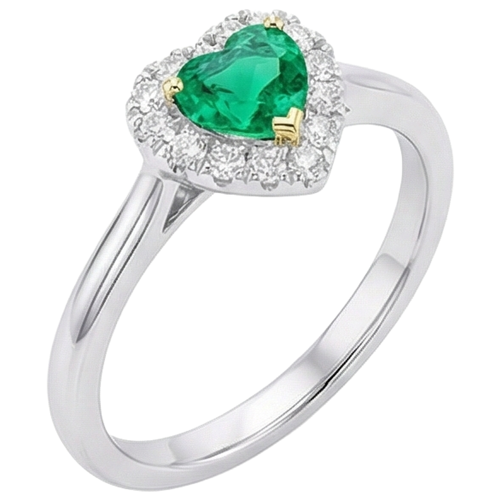 Forme Cœur Émeraude Colombienne bague en Or Bicolore 14 Carats – vue de face