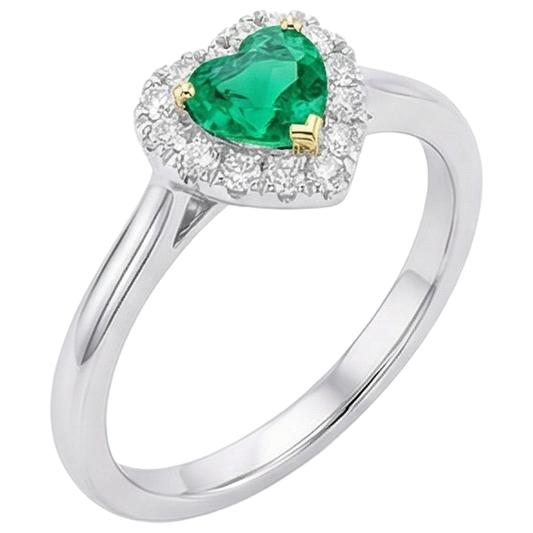 Forme Cœur Émeraude Colombienne bague en Or Bicolore 14 Carats – vue de face