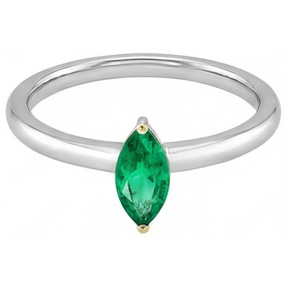 Émeraude Colombienne Marquise Bague Pierre de Couleur en Or Bicolore 14 Carats – vue d'angle