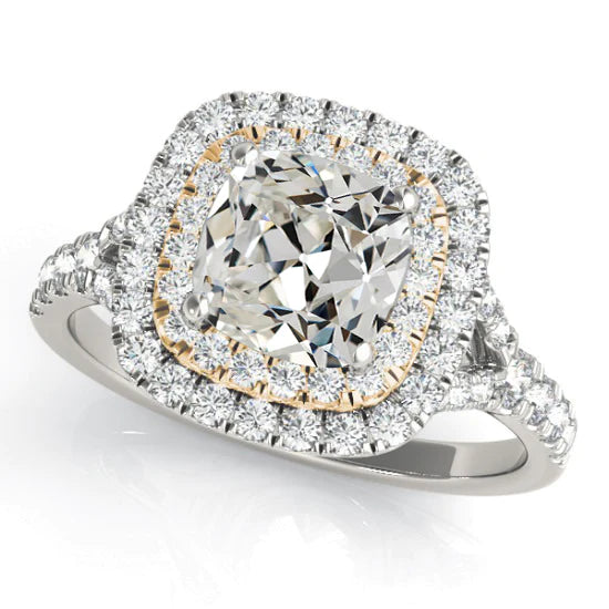 Dames Double Halo Bague Coussin Old Cut Réel Diamant 8 Carats Deux Tons