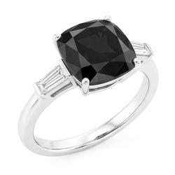 Bague de Fiançailles Trois Pierres en Or Blanc 14 Carats avec Véritable Diamant Noir Taille Coussin et Baguette 3,6 Carats