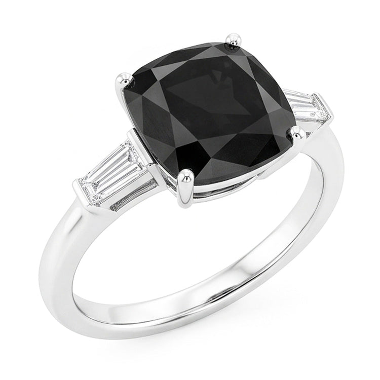 Bague de Fiançailles Trois Pierres en Or Blanc 14 Carats avec Véritable Diamant Noir Taille Coussin et Baguette 3,6 Carats
