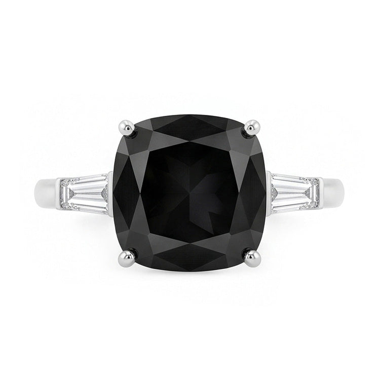 Bague de Fiançailles Trois Pierres en Or Blanc 14 Carats avec Véritable Diamant Noir Taille Coussin 3,6 Carats et Baguettes Noires