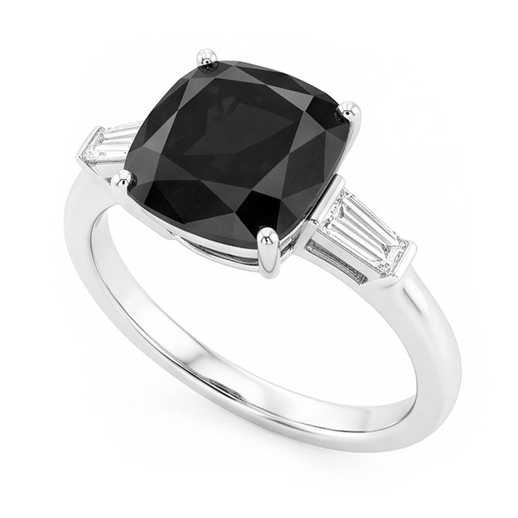 Bague de Fiançailles Trois Pierres en Or Blanc 14 Carats avec Véritable Diamant Noir Taille Coussin et Baguette 3,6 Carats