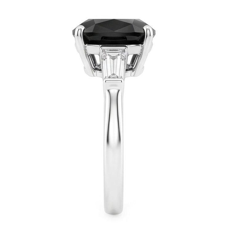 Bague de Fiançailles Trois Pierres en Or Blanc 14 Carats avec Véritable Diamant Noir Taille Coussin et Baguette 3,6 Carats