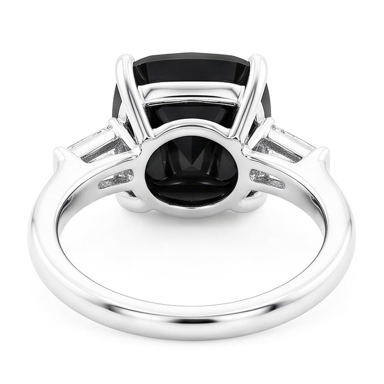Bague de Fiançailles Trois Pierres en Or Blanc 14 Carats avec Véritable Diamant Noir Taille Coussin 3,6 Carats et Baguettes Noires