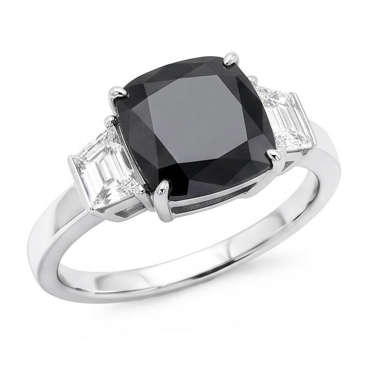 Bague de Fiançailles Trois Pierres en Or Blanc 14 Carats avec Véritable Diamant Sombre Coussin et Trapèzes Noirs 4,6 Carats