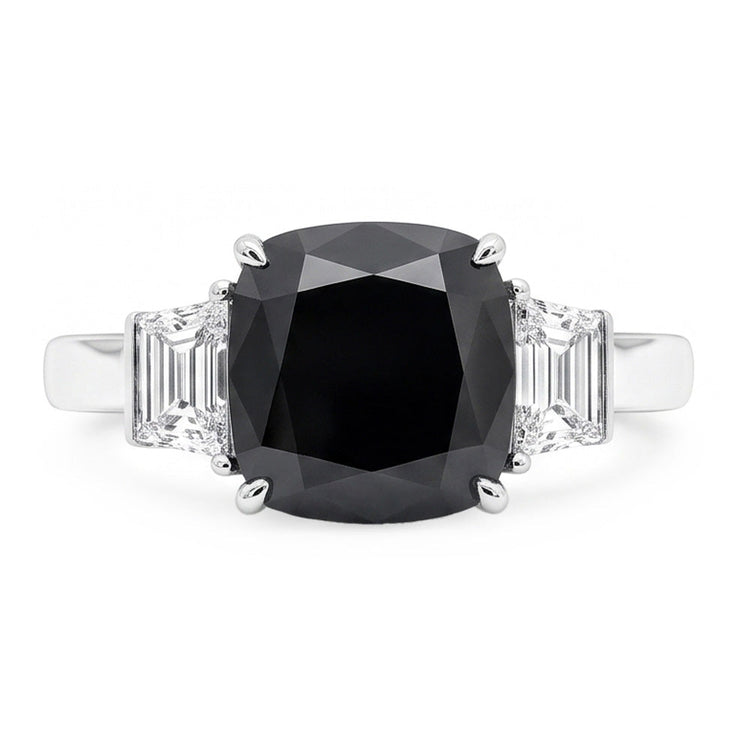 Bague de Fiançailles Trois Pierres en Or Blanc 14 Carats avec Véritable Diamant Sombre Coussin et Trapèzes Noirs 4,6 Carats