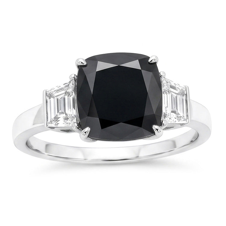 Bague de Fiançailles Trois Pierres en Or Blanc 14 Carats avec Véritable Diamant Sombre Coussin et Trapèzes Noirs 4,6 Carats