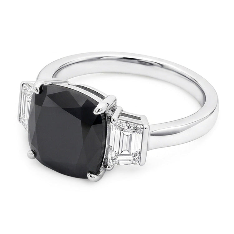 Bague de Fiançailles Trois Pierres en Or Blanc 14 Carats avec Véritable Diamant Sombre Coussin et Trapèzes Noirs 4,6 Carats
