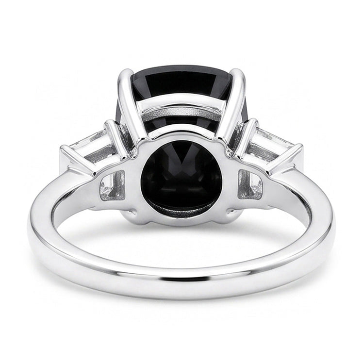 Bague de Fiançailles Trois Pierres en Or Blanc 14 Carats avec Véritable Diamant Sombre Coussin et Trapèzes Noirs 4,6 Carats
