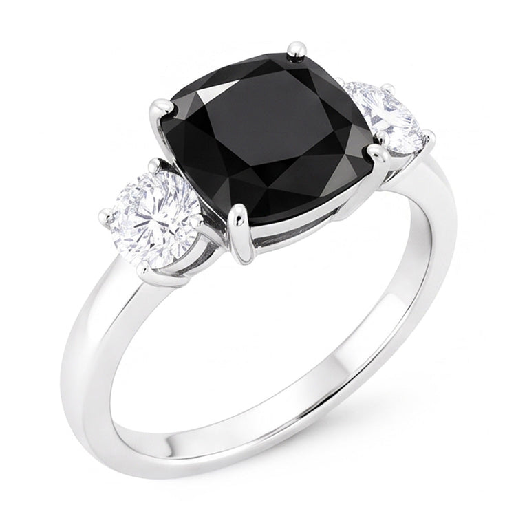 Bague de Fiançailles Trois Pierres en Or Blanc 14 Carats avec Diamant Noir Véritable Taille Coussin 6 Carats