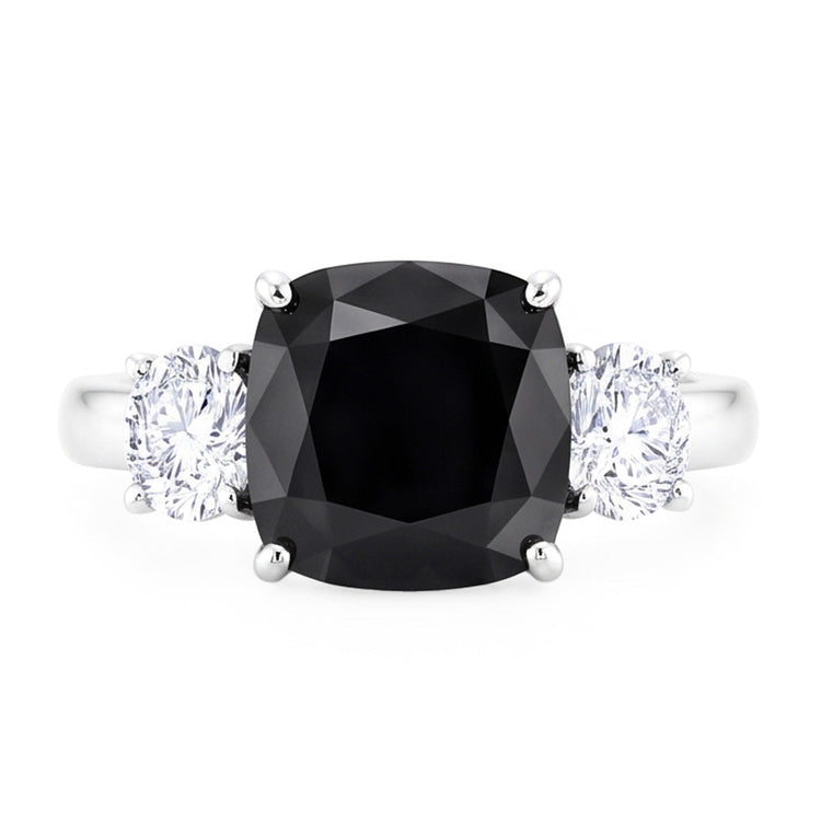 Bague de Fiançailles Trois Pierres en Or Blanc 14 Carats avec Diamant Noir Véritable Taille Coussin 6 Carats