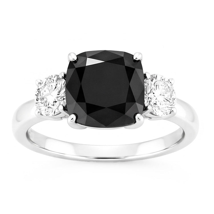 Bague de Fiançailles Trois Pierres en Or Blanc 14 Carats avec Diamant Noir Véritable Taille Coussin 6 Carats